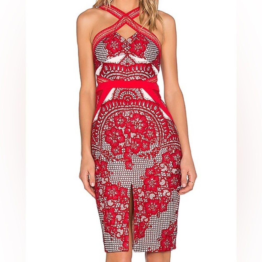 Three Floor Red Lace Aruba Bodycon Midi Dress Cranberry/Nude, Size 4 NWOT